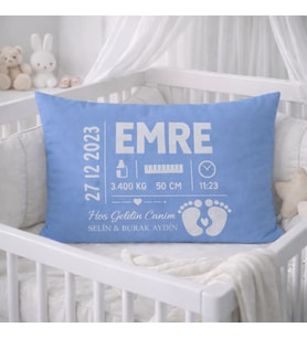 İsme Özel Bebek Doğum Bilgili Yastık Kılıfı (40x35 cm) – %100 Pamuk Saten (Mavi)