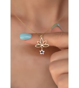 925 Ayar Gümüş Altın Kaplama Mavi Çiçekli Lotus Çiçeği Kolye