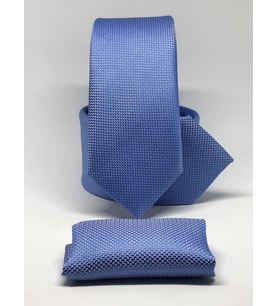 Mavi Renk Mendilli Slim Fit Oxford Kuş Gözü Desen Kravat
