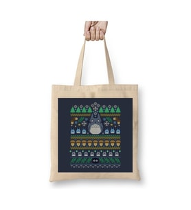 Ghibli Studio - Miyazaki Totoro Christmas Knit Yılbaşı Beyaz Bez Çanta Uzun Saplı Alışveriş Çantası