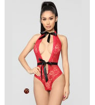 Intive Kırmızı Siyah Kurdele Detaylı Derin V ve Sırt Dekolteli Fantasy Bodysuit