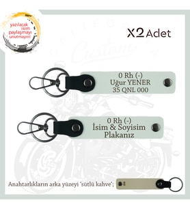 Biker Stiline Uygun İsim Plaka ve 0 - Kan Grubu Yazılı Acil Durum x2 Deri Anahtarlık Seti, Beyaz-SK