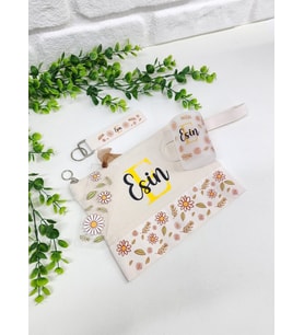 Kişiye Özel İsme Özel Papatya ve Yaprak Desenli Clutch Çanta Çay Fincanı Anahtarlık Kitap Ayracı Hediye Seti