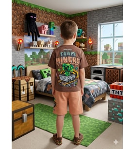 Cg Kids Minecraft Erkek Çocuk Tshirt&Şort Alt Üst Takım Süper Kalite Sırt Baskı Detay (Krem-Taba)