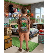Cg Kids Minecraft Erkek Çocuk Tshirt&Şort Alt Üst Takım Süper Kalite Sırt Baskı Detay (Krem-Taba)