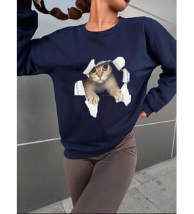 Kadın Uzun Kollu Bisiklet Yaka Kedi Desenli Viskon Iki Iplik Bluz