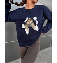 Kadın Uzun Kollu Bisiklet Yaka Kedi Desenli Viskon Iki Iplik Bluz
