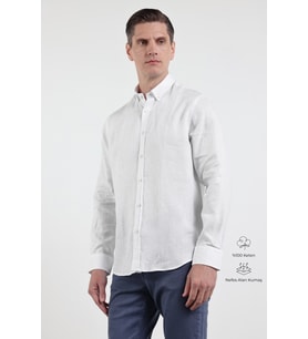 Beyaz Keten Düğmeli Yaka Uzun Kol Cepsiz Slim Fit %100 Keten Gömlek 1004260161
