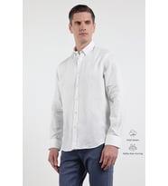 Beyaz Keten Düğmeli Yaka Uzun Kol Cepsiz Slim Fit %100 Keten Gömlek 1004260161