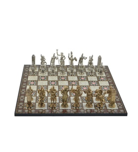 Gifthome Metal Satranç Takımı / Seti; Battal,Yunan,Parlak, Kat.Sedef Desenli Satranç Tahtası (Çok Renkli)