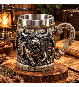 Boğa Figürlü 3D Viking Kupa Paslanmaz Çelik İç Hazneli Orta Çağ Fantastik Hediyelik Bardak