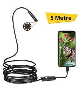 5 Metre Android Telefon Uyumlu 6 LED Işıklı Su Geçirmez Endoskop / Boroskop Yılan Kamera HD (5690)