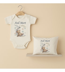 Pia Baby Premium %100 Pamuk İsme Özel Organik Baskılı Çıtçıtlı Bebek Body Ve Yastık Kılıfı 5018-19 (Ekru)