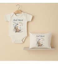 Pia Baby Premium %100 Pamuk İsme Özel Organik Baskılı Çıtçıtlı Bebek Body Ve Yastık Kılıfı 5018-19 (Ekru)