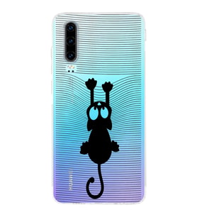 Huawei P30  Kamera korumalı Kapak Çizgi Kedi (Siyah) Tasarımlı Şeffaf Kılıf