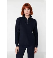 Kadın Oversize Basic Dokulu Uzun Kollu Fermuarlı Dik Yaka Selanik Örgü Triko Kazak Kaliteli