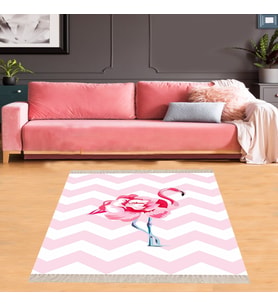 Flamingo Çiçek Desenli Dijital Baskı Yıkanabilir Kaymaz Taban Modern Salon Halı ve Yolluk (Pembe)