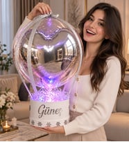 Kişiye Özel İsimli Çiçek Taş Süslemeli Gümüş Kalp Balon LED Işıklı Şeffaf Balon Kutusu Sevgiliye Kıza Arkadaşa Hediye