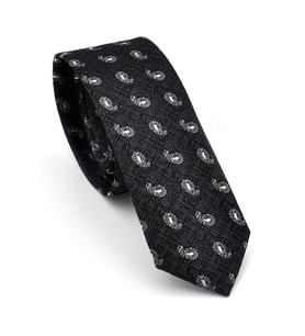 Beyaz Şal Desenli Siyah Dokuma Kumaş Mendilli Slim Fit Kravat // SDK-240809 (Renksiz)