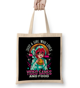 Funny Just A Girl Who Loves Video Games And Food Bez Çanta Uzun Saplı
