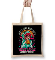 Funny Just A Girl Who Loves Video Games And Food Bez Çanta Uzun Saplı