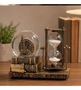 Kişiye Özel Dekoratif Big Ben Saat Kulesi Temalı Kar Küresi ve Kum Saati – Vintage Tasarım Hediyelik