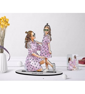 BK Gift Kişiye Özel Tam Boy Anne Kız Karikatürlü Ahşap Biblo Model-1 (Beyaz)