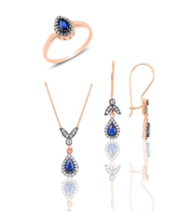 Söğütlü Silver Gümüş rose safir taşlı damla üçlü set