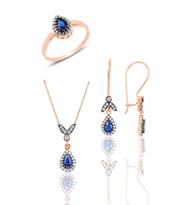Söğütlü Silver Gümüş rose safir taşlı damla üçlü set