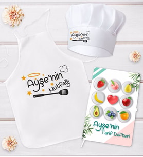 BK Gift Kişiye Özel Mutfak Önlüğü Aşçı Şapkası ve Tarif Defteri Hediye Seti Model 15