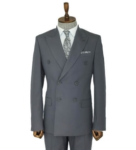 Geniş Sivri Yakalı Çizgili Desenli Slim Fit Gri Erkek Kruvaze Takım Elbise - Wessi (Füme)