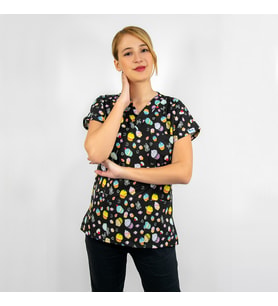 Unisex Cupcake Pasta Desenli Esnek  Likralı  Doktor Hemşire VeterinerScrubs Tek Üst Forma (Karışık)