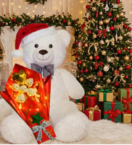 Yılbaşı Konsepti-LED Işıklı Romantik Yeşil - Kırmızı-  Beyaz Peluş Ayıcık Buketi ve 90 cm Peluş Ayı