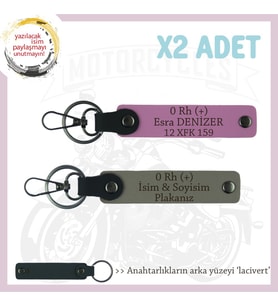 Motorcu Yolculara Özel, İsim Plaka ve 0 Rh (+) Kan Grubu Yazılı x2 Anahtarlık, Kül Gri-Pembe-Laci (Çok Renkli)