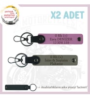 Motorcu Yolculara Özel, İsim Plaka ve 0 Rh (+) Kan Grubu Yazılı x2 Anahtarlık, Kül Gri-Pembe-Laci (Çok Renkli)
