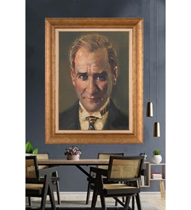 Altın Varaklı Çerçeveli Paspartulu Atatürk Tablo nh64 (Gold)