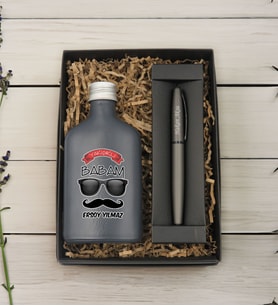 BK Gift Kişiye Özel İsimli Baba Temalı Antrasit Tasarım Cam Şişede Kolonya 200 ml ve Metal Roller Kalem ve Hediye Kutusu-7, Babaya Hediye, Babalar Günü Hediyeleri, Hediyelik Baskılı Kolonya