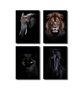 Çerçevesiz Poster,4'lü Hayvan Posterleri Aslan,Panter,Fil,At Dijital Baskı Karanlık Tema (Çok Renkli)