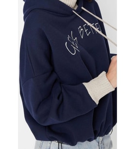 Tarz Relaxed Kapüşonlu Düşük Kol Uzun Kalın İçi Polarlı Triko Bant Detaylı Örme Sweatshirt (Lacivert)