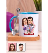 Eşe Romantik Hediye Karikatürlü Ahşap Altlıklı Mavi Kupa Bardak