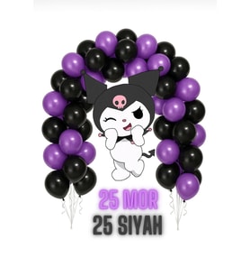50 Adet Mor-Siyah Kuromi Balon Zincir Set Kuromi Doğum Günü Konsepti Balon Set Zincir Hediyeli