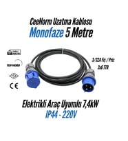 Bemis Elektrikli Araç Monofaze Uzatma Kablosu 32A 5 Metre 7,4 kW  3/32A Fiş – 3/32A Priz  3x6 TTR