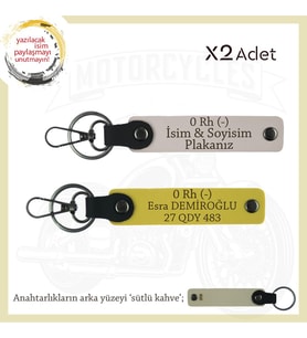 Şöförlere, İsim Plaka ve 0 Rh (-) Kan Grubu Yazılı Hediyelik Deri x2' li Anahtarlık, Pudra-Sarı-SK (Çok Renkli)
