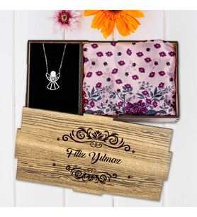 eJOYA Kişiye Özel Ahşap Kutulu 925 Ayar Gümüş Halka Kolye & Fular Hediye Kutusu 114909