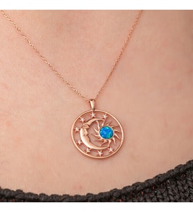 Rose Opal Mavi Taşlı Ay Yıldız 925 Ayar Gümüş Kadın Kolye