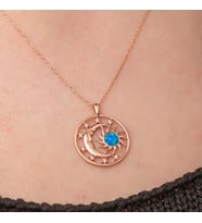 Rose Opal Mavi Taşlı Ay Yıldız 925 Ayar Gümüş Kadın Kolye