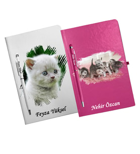 Kişiye Özel Kedi Tasarımlı İkili Defter Kalem Hediye Seti
