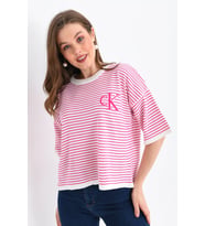 Kadın Bisiklet Yaka Çizgili Oversize Triko Kazak 10160 (Fuşya)