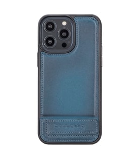 Bouletta Apple iPhone 14 Pro Max Uyumlu Deri Standlı Kapak BRN4EF (Mavi)