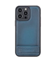 Bouletta Apple iPhone 14 Pro Max Uyumlu Deri Standlı Kapak BRN4EF (Mavi)